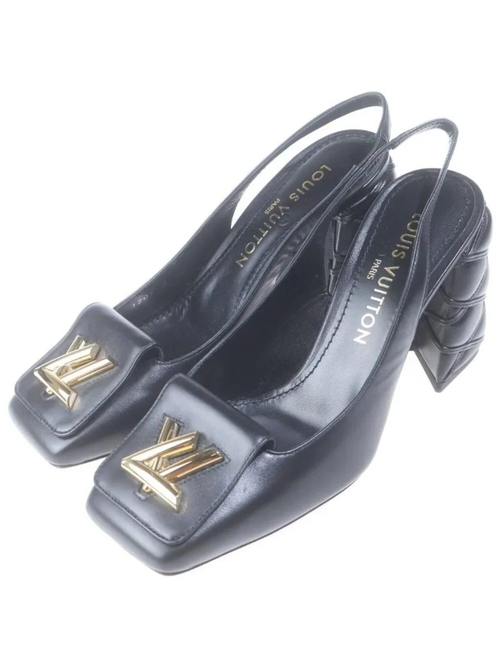 Louis Vuitton Shake Line LV Logo Leather Heels Sling Back Pumps Shoes Black